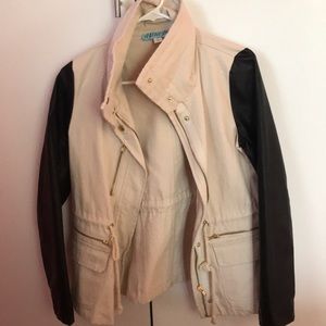 Tan jacket with leather sleeves